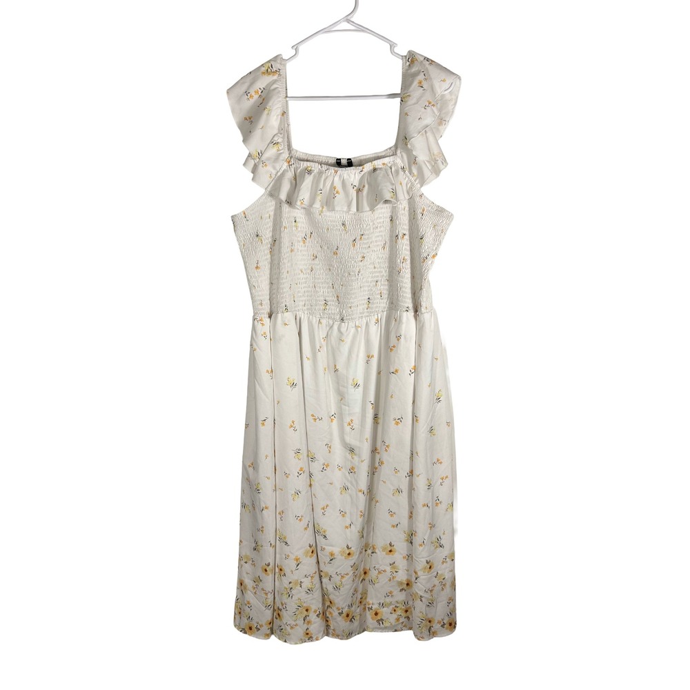 BloomChic Plus Size 22-24‎ White Yellow Floral Smocked Ruffle Midi Dress Pockets